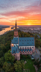 Fototapeta premium Bird's-eye view of the Rochus Chapel near Bingen/Germany in autumn at sunrise