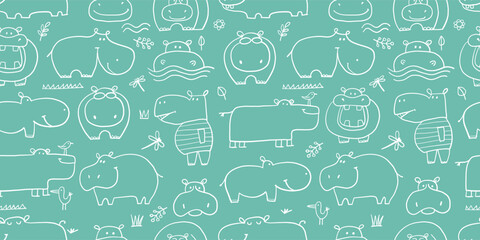 Hippopotamus family, cute hippo characters. Seamless Pattern Background for your design