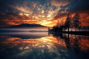 Obraz premium new day reflected in still lake water