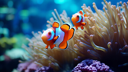 Cute anemone fish playing on the coral reef, beautiful color clownfish on coral feefs, anemones on tropical coral reefs. Made with generative ai