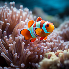 Naklejka na ściany i meble Cute anemone fish playing on the coral reef, beautiful color clownfish on coral feefs, anemones on tropical coral reefs. Made with generative ai