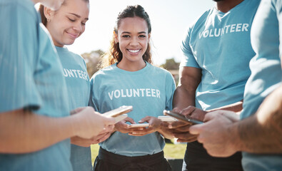Volunteer, group and portrait of woman with phone for blog, online chat and charity website update....