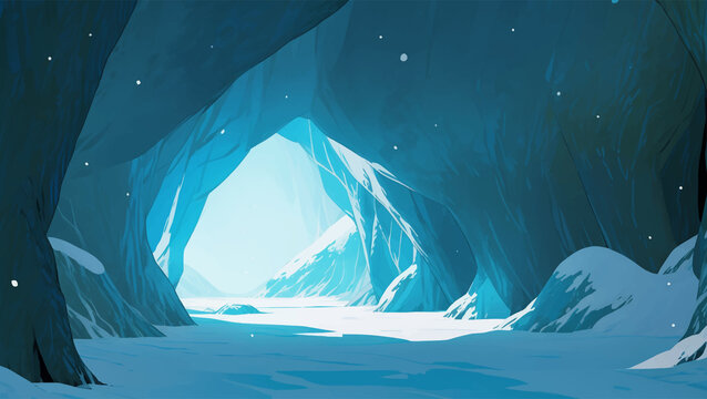 Beautiful Frozen Cave Landscape Full of Snow Hand Drawn Painting Illustration