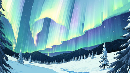 Snowy Landscape with Mountains, Pine Trees, and Northern Lights Aurora During The Night Hand Drawn Painting Illustration