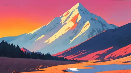 Fototapete Orange Snowy Mountains Landscape During Dusk or Dawn with Vibrant Colors Hand Drawn Painting Illustration