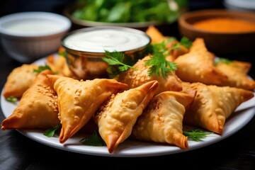 close-up of vegan samosas on a simple white plate