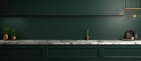 Minimalist design a dark green kitchen with cupboards double sinks and a marble island