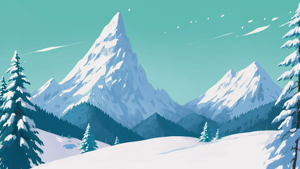 Snowy Mountain Landscape with Pine Trees Hand Drawn Painting Illustration