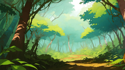 Dense Jungle Rainforest Nature Scenery Detailed Hand Drawn Painting Illustration