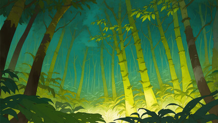 Magical Forest With Glowing Ground and The Moon Out at Night Hand Drawn Painting Illustration