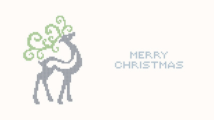 Embroidery Xmas deer vector, merry Christmas knitted text, Christmas holidays cross stitch handmade craft wallpaper