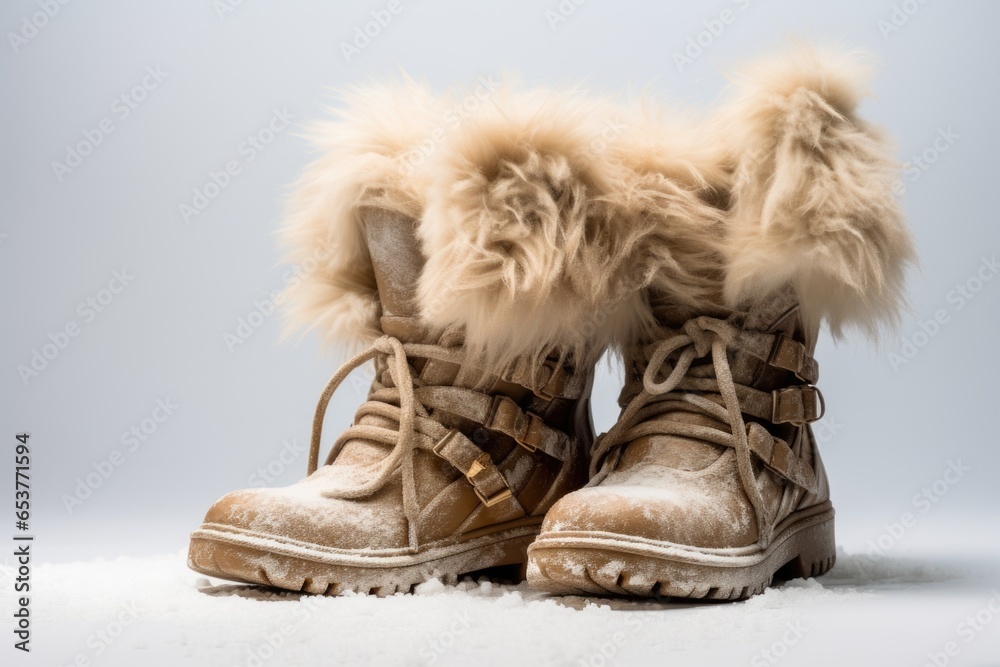 Wall mural fur-lined boots against a white backdrop