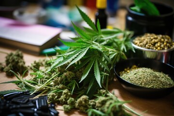 marijuana leaves among school supplies