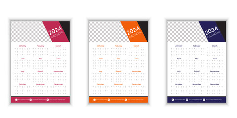 Simple editable vector calendars for year 2024 Week starts from Sunday. Isolated vector illustration on white background.