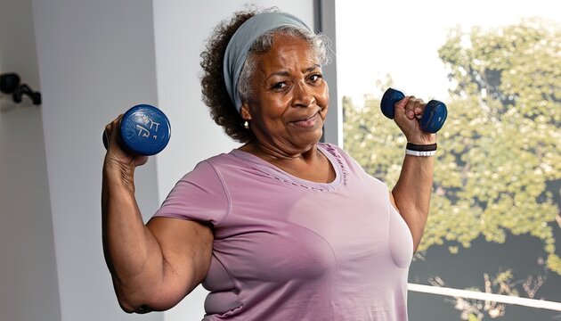 African American senior woman exercising at home lifting her dumbbells. Image from generative AI