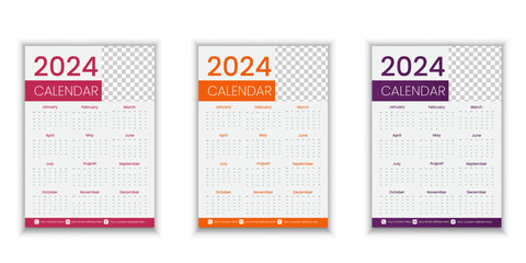 Simple editable vector calendars for year 2024 Week starts from Sunday. Isolated vector illustration on white background.