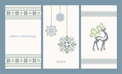 Set of Christmas cross-stitch design vertical banners, embroidery xmas patterns vectors