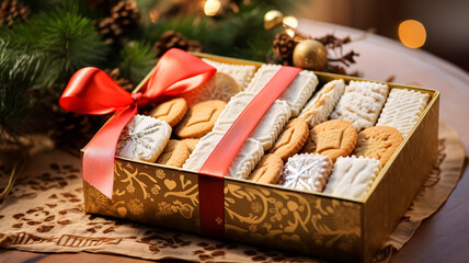 Obraz na płótnie Canvas Christmas biscuits, holiday biscuit gift box and home bakes, winter holidays present for English country tea in the cottage, homemade shortbread and baking recipe
