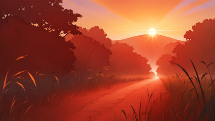 A Road in The Middle of African Savanna Grassland at Dawn or Dusk Hand Drawn Painting Illustration