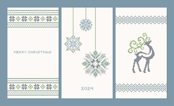 Set of Christmas cross-stitch design vertical banners, embroidery xmas patterns vectors