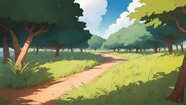 A Road in The Middle of African Savanna Grassland Hand Drawn Painting Illustration