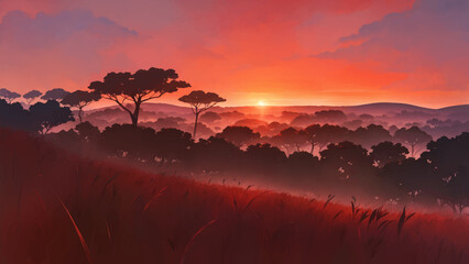 Beautiful Vast African Savanna Grassland at Dawn or Dusk Hand Drawn Painting Illustration