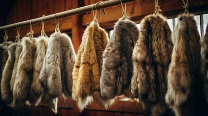 Fur Farming, Animal Welfare Problems. Fur Animal mink, fox and sable fur skins hanging at farm. Fur farming banned in the European Union