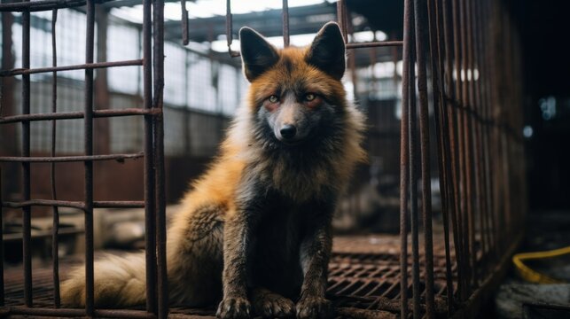 Fur Farming, Animal Welfare Problems. Caged silver fox in Fur farm. Fur farming banned in the European Union