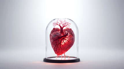 Health insurance concept with red heart under the glass cover. Healthcare, finance and medical service. Fragile crystal heart as a symbol of life under insurance protection