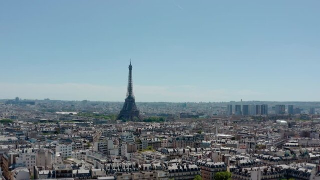 Cityscape of Paris. Aerial drone view of Eiffel tower in sunny day