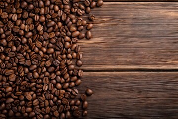 Fototapeta premium Morning nectar. Rustic coffee delight. Aromas of awakening with vintage wooden table. From bean to brew. Steaming cup of comfort. Dark roast elegance