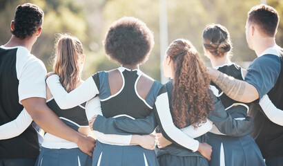 Cheerleader group, sports and people huddle for competition support, solidarity and audience watch game. Cheerleading, athlete team and dancer hug, back and crowd view contest, match or tournament