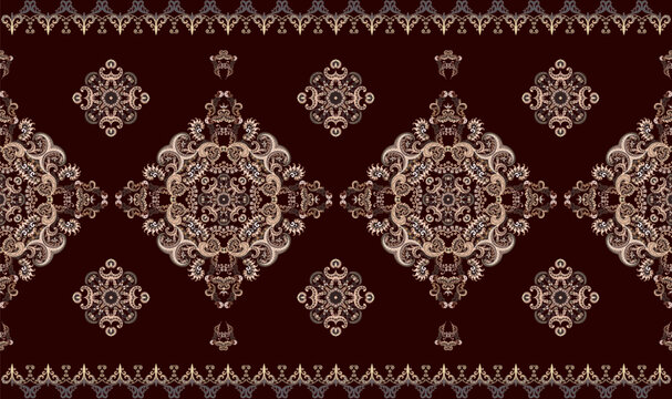 Carpet design texture persian and tebriz rugs design print fabric design. Patterned carpet with a border frame.