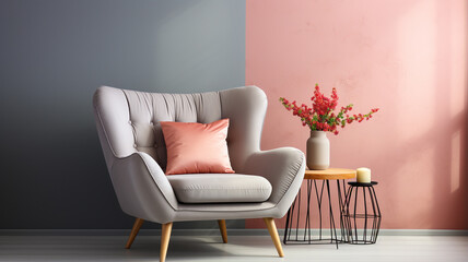 modern interior design of living room and pink armchair,