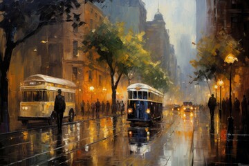 Obraz premium Autumn rain showers sweeping through the city, painting the streets with a glistening, ethereal sheen - Generative AI