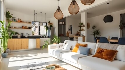 Pendant lights hanging on ceiling in modern kitchen and cushions arranged on sofa in living room