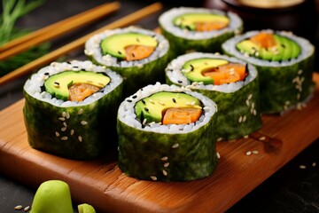 Healthy sushi rolls with avocado and cucumber. Generative AI - obrazy, fototapety, plakaty