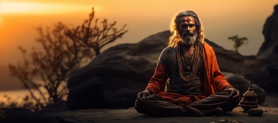 Indian yogi in meditation, spiritual connection amidst the tranquil beauty of India.Generated with AI - obrazy, fototapety, plakaty