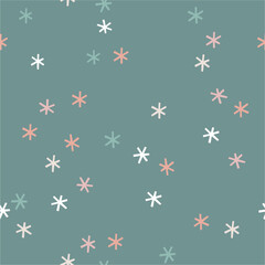 Fototapeta na wymiar Snowflakes on a green background. Winter snowflakes seamless pattern. Cute repeat design. 
