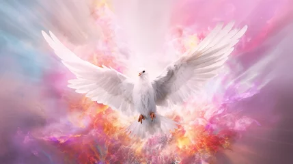 Fotobehang Holy Spirit revealed.  A dove burst out of an explosion of light and color.  © Stacy