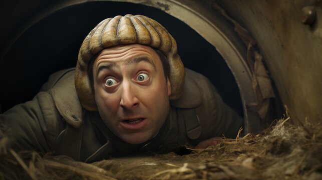 World War I soldier who is shell shocked, eyes wide, PTSD, can't sleep, overwhelmed. AI Generated.