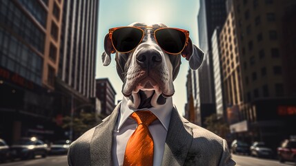 A Great Dane dog wearing sunglasses and dressed in a suit on a city street, proud and majestic, The Boss, Tall buildings in the background.  dog dressed like human, generated ai - obrazy, fototapety, plakaty