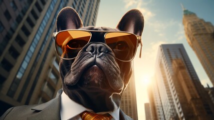 A French Bulldog, Frenchie dog wearing sunglasses and dressed in a suit on a city street, proud and majestic, The Boss, tall buildings in background, heavy bokeh, dog dressed like human, generated ai