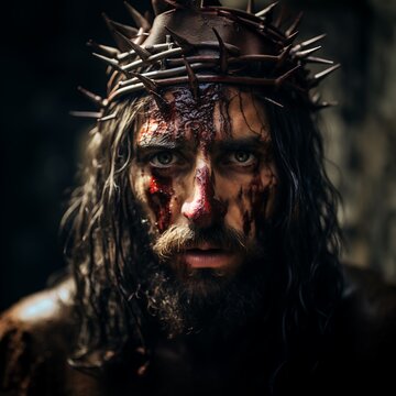 Jesus Crucified, Crown of Thorns, Bloody and Beaten on the way to the cross. Cinematic Photography.
