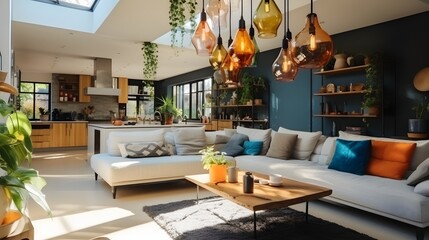 Obraz na płótnie Canvas Pendant lights hanging on ceiling in modern kitchen and cushions arranged on sofa in living room
