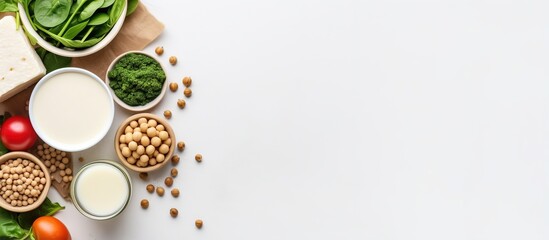 Vegan food with tofu beans nuts and spinach on white table - obrazy, fototapety, plakaty