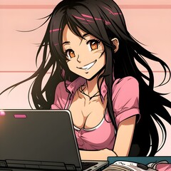 A mangastyle picture of a girl with dark long hair pretty smile and a pink short tshirt sitting in front of her laptop Smile pretty intriguing black hair big lips 