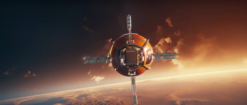 Futuristic satellite flying over a planet. Anamorphic 4k footage