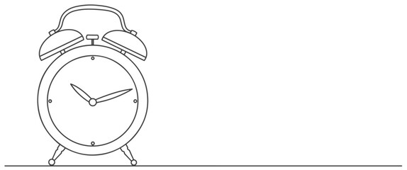Alarm clock in continuous one line drawing style. Minimal graphic design for print, banners. Vector illustration