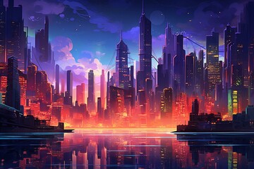 vibrant cityscape at night with tall buildings. Generative AI